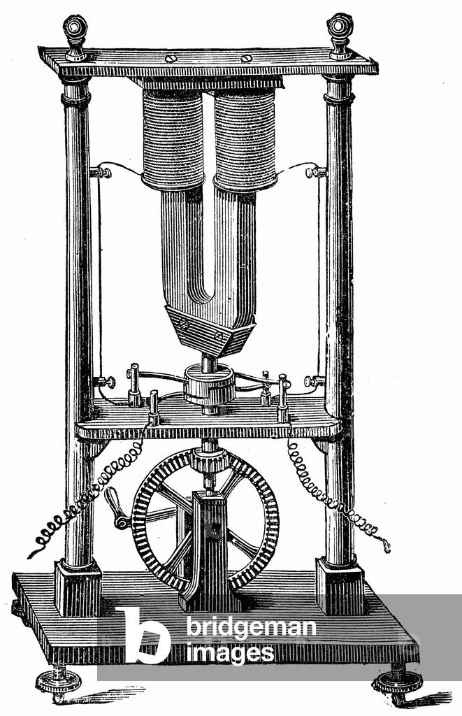 "Primo motore magneto-elettrico costruito da Hippolyte Pixii c1832. Questa fu la prima applicazione della dimo