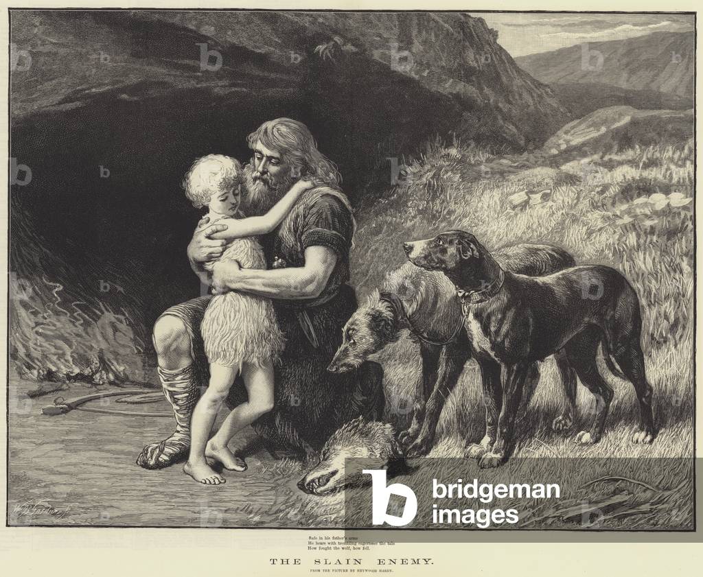 "Der erschlagene Feind (Gravur)" 1882 von Heywood Hardy, b/w