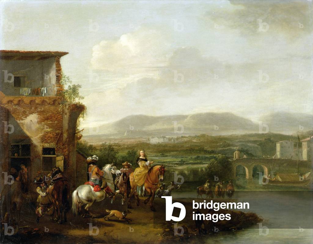 Immagine di Dipinto "Un'elegante festa di equitazione fuori una fattoria in riva al fiume (olio su tela)" 1601