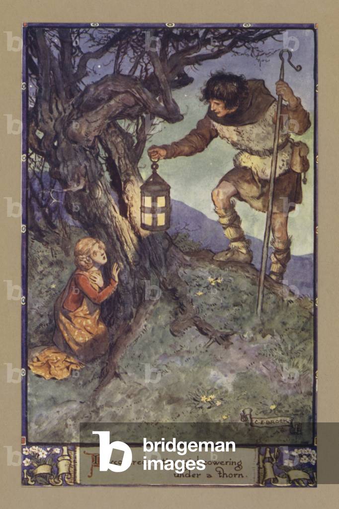 Entdeckte ein kleines Mädchen, das unter einem Dorn (Farbe Litho) kaubt