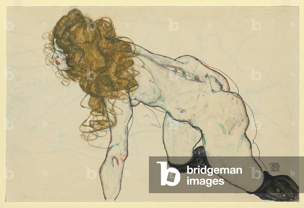 Nudo femminile accovacciato con capelli biondi e braccio sinistro appoggiato (recto), 1914 (gouache e matita s