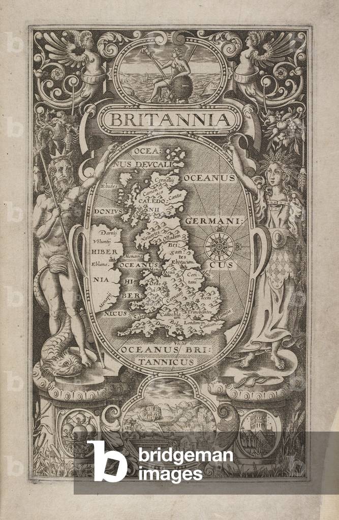 Image of A map of Britain, and images of Britannia. A small