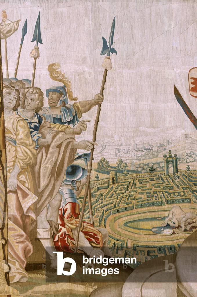 Flemish tapestry. Series Story of Theseus. Theseus presents the head of the Minotaur to the King and Queen of 