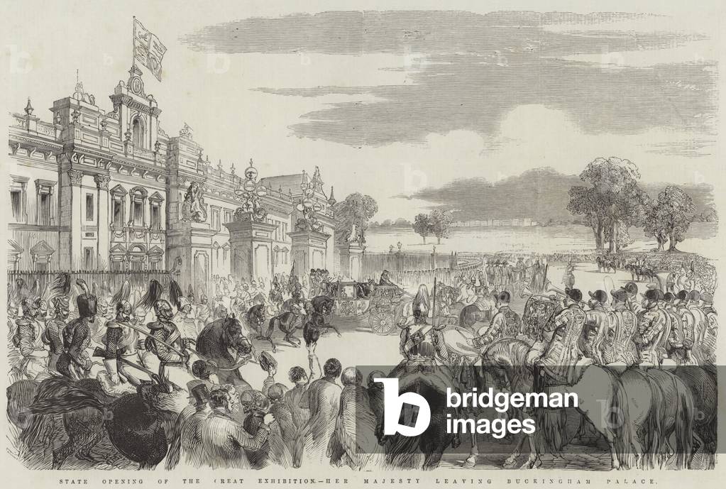State Opening of the Great Exhibition, Her Majesty leaving Buckingham Palace (engraving)