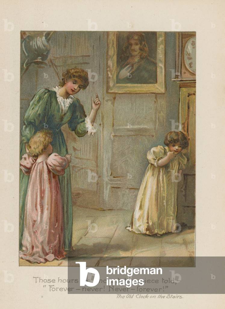 Those hours the ancient timepiece told - "Forever - never! Never - forever!" (chromolitho) by Henry Marriott P