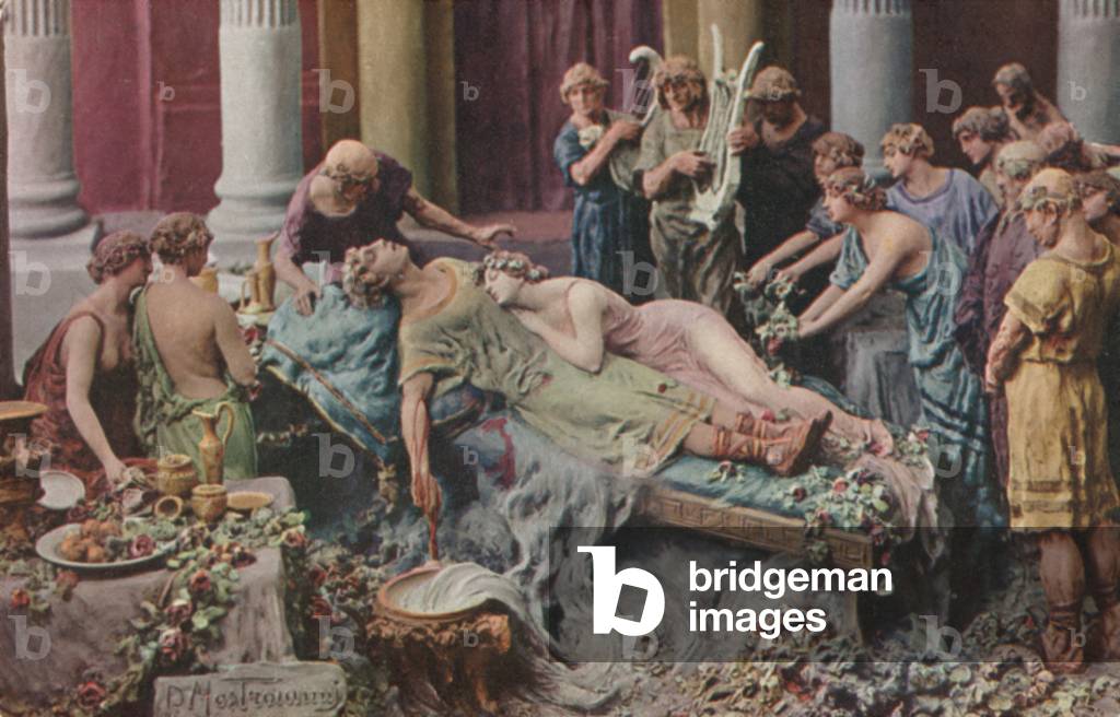"Illustrazione per Quo Vadis: La morte di Petrone (colore lito)" di Domenico Mastroianni