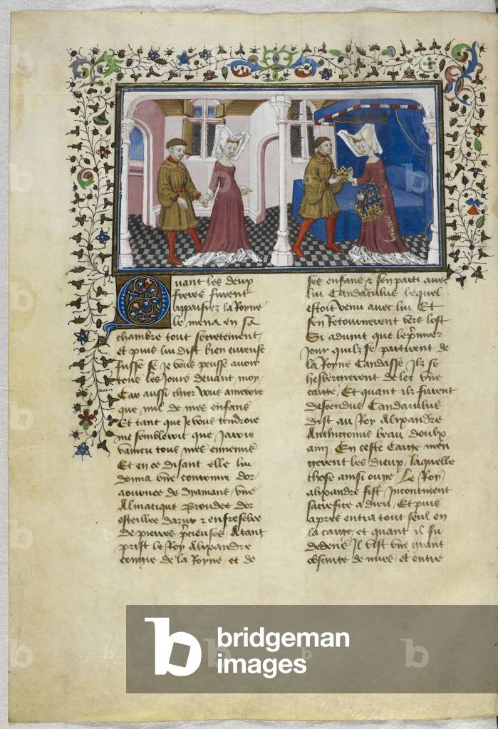 Miniatur von Candace nimmt Alexander in ihre Kammer und gibt ihm eine Krone