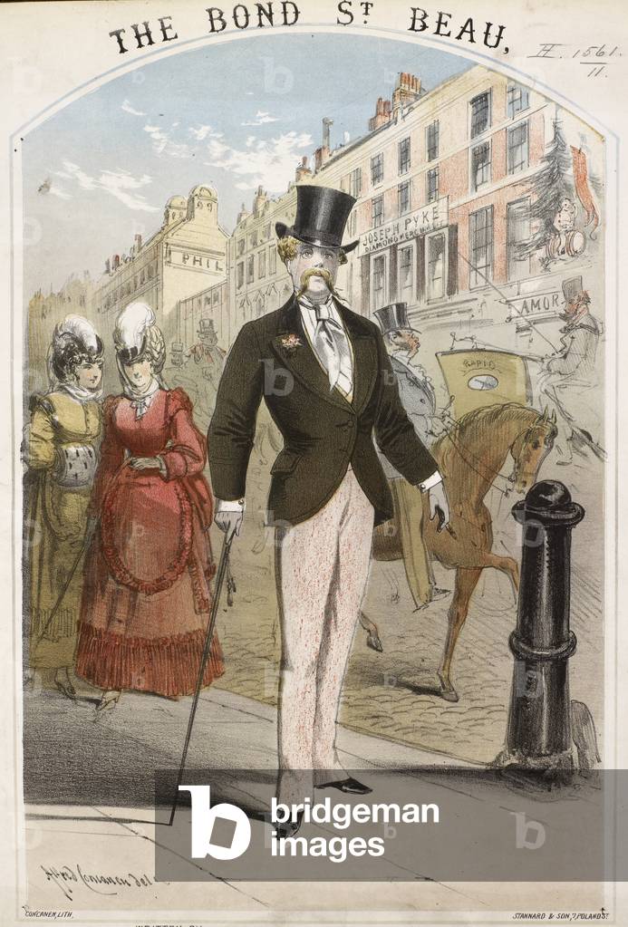 Scena di strada; uomo con cappello a cilindro e bastone. Un affascinante uomo ben vestito a Bond Street, Londr