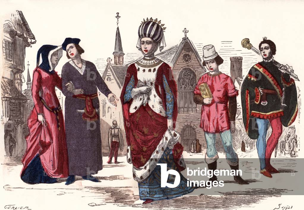 Costumi di Parigi attraverso i secoli: borghese e sua moglie, signora di corte, servitore e sergente, XV secol
