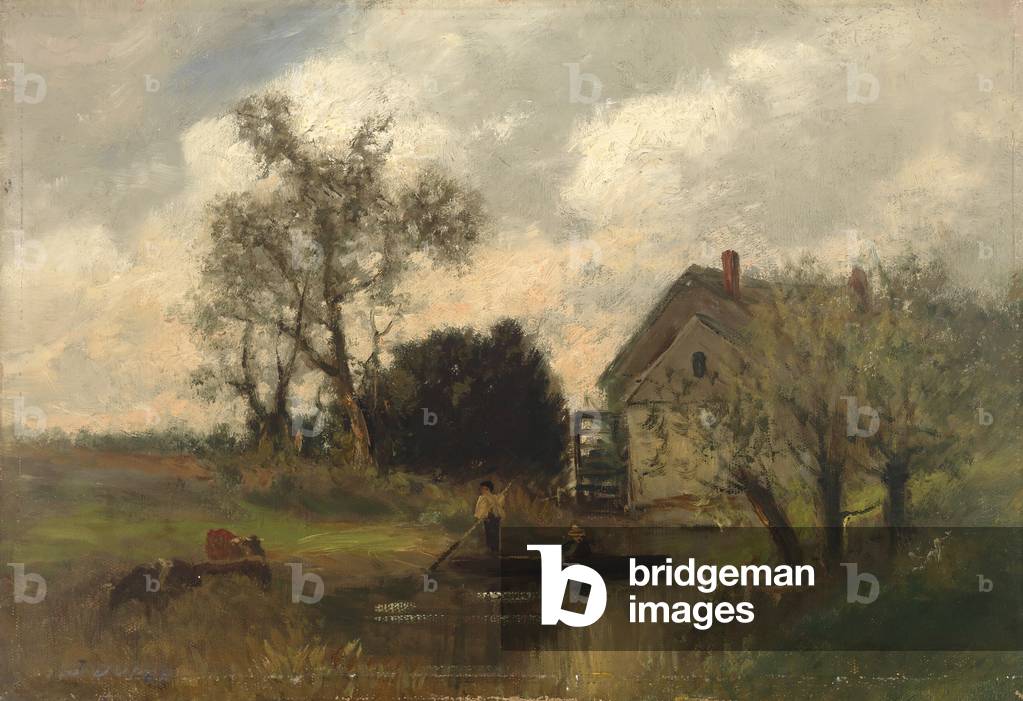 Bild von Gemälde "Landschaft (Öl auf Leinwand)" von Jules Dupre, b/w