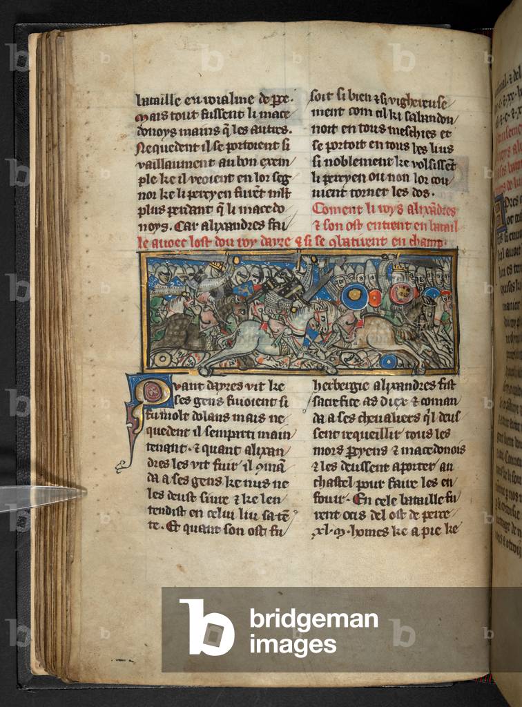 Harley 4979, f.36v Eine Schlacht zwischen Alexander und Darius., aus 'Roman d' Alexandre in Prosa 'um 1290-c.1