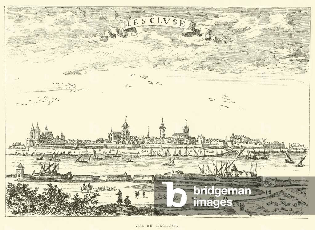 "Vue de l 'Ecluse (Gravur)" 1801 von French School, b/w