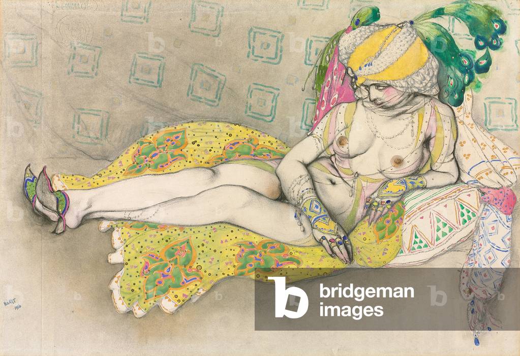 The Yellow Sultana, 1916 (Holzkohle, w/c & Gouache, erhöht mit Gold, auf zwei beigefügten Blättern)