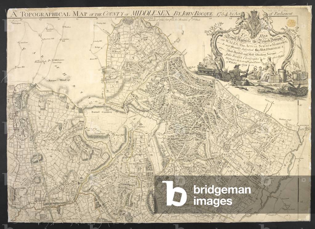 Immagine di Mappa & Pianta "Una mappa topografica della contea di Middlesex" di John Rocque, b/w