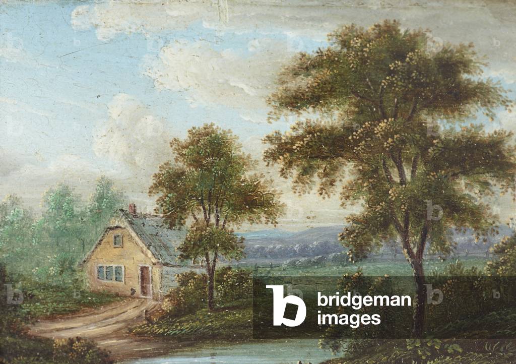 Immagine di Dipinto "un cottage con un flusso e le alberi" di English School