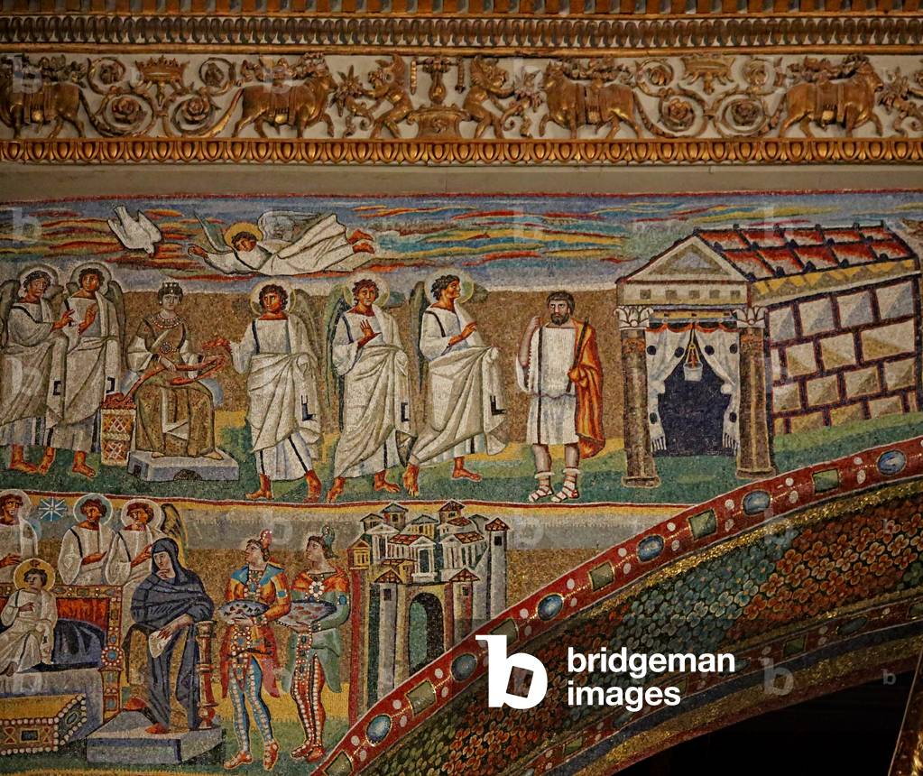 Bild von Mosaik "Der linke Apsisbogen ("Triumphbogen") mit der Geburt Christi - Joseph bekommt eine Erklärung"