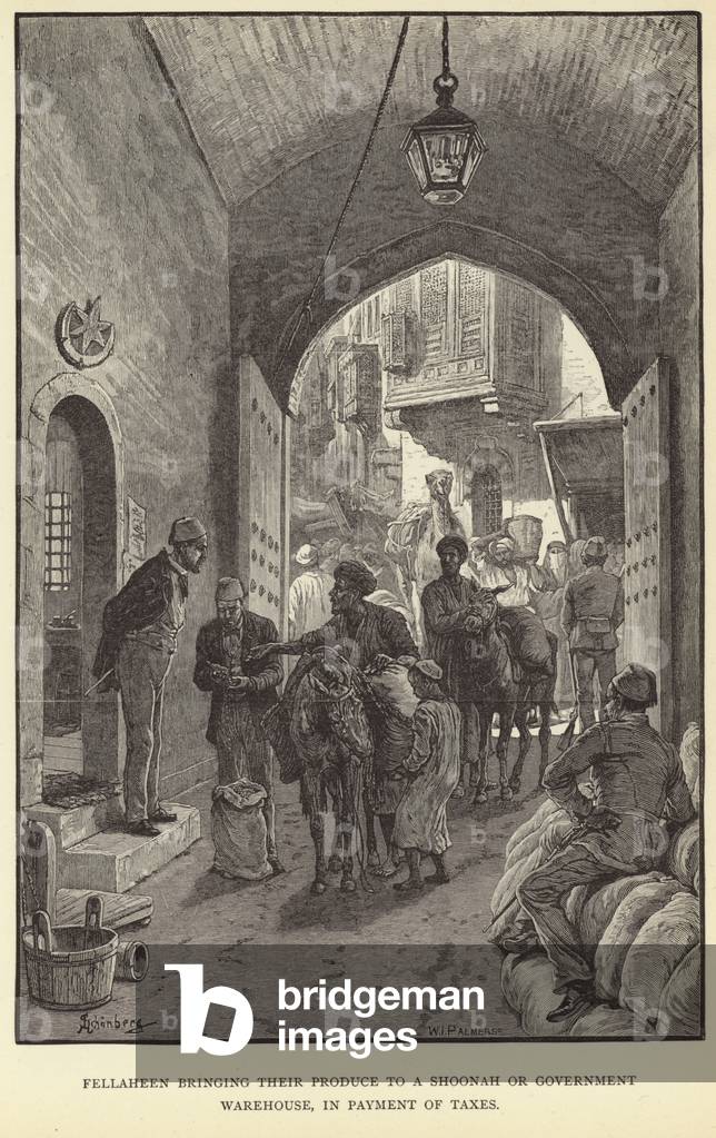 Fellaheen bringing their produce to a shoonah or government warehouse (engraving) by M. Schonberg