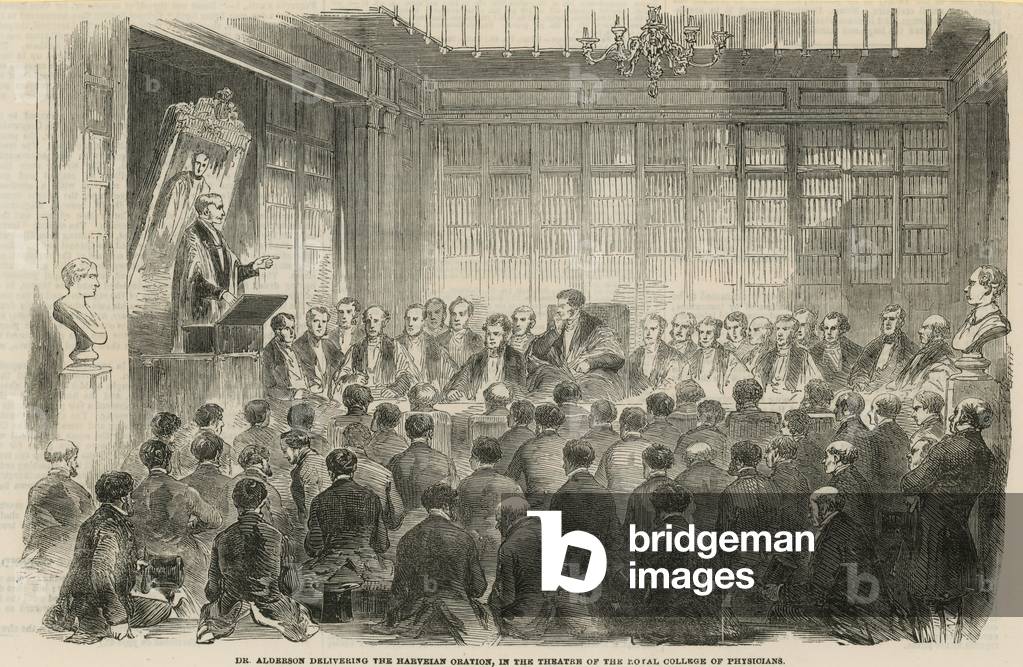 Dr Alderson delivering the Harveian Oration in the theatre of the Royal College of Physicians (engraving)