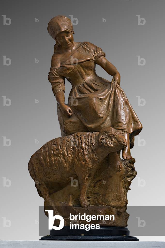 Weiblicher Schäferhund mit Ziege (bemalt Steingut)