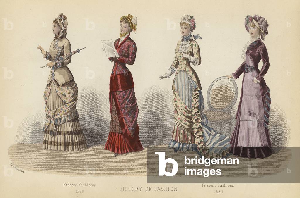 Image of Fashion in France: Present Fashions, 1879; Present Fashions, 1880 (coloured by French School, (19th century) (after) Image of Fashion in France: Present Fashions, 1879; Present Fashions, 1880 (coloured by French School, (19th century) (after)