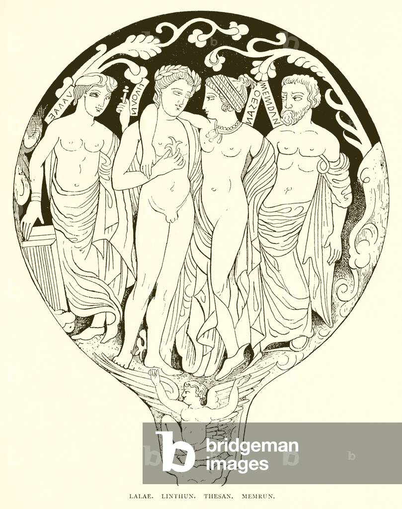 "Lalae. Linthun. Thesan. Memrun (Gravur)" von English School, b/w