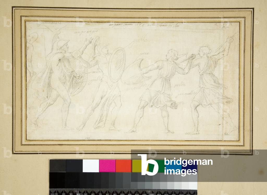 Two Amazons fighting against two warriors (pencil)