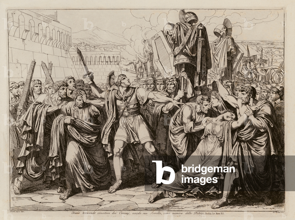 Image of Print depicting Publius Horatius killing his sister Camilla (etching) 1801 by Bartolomeo Pinelli