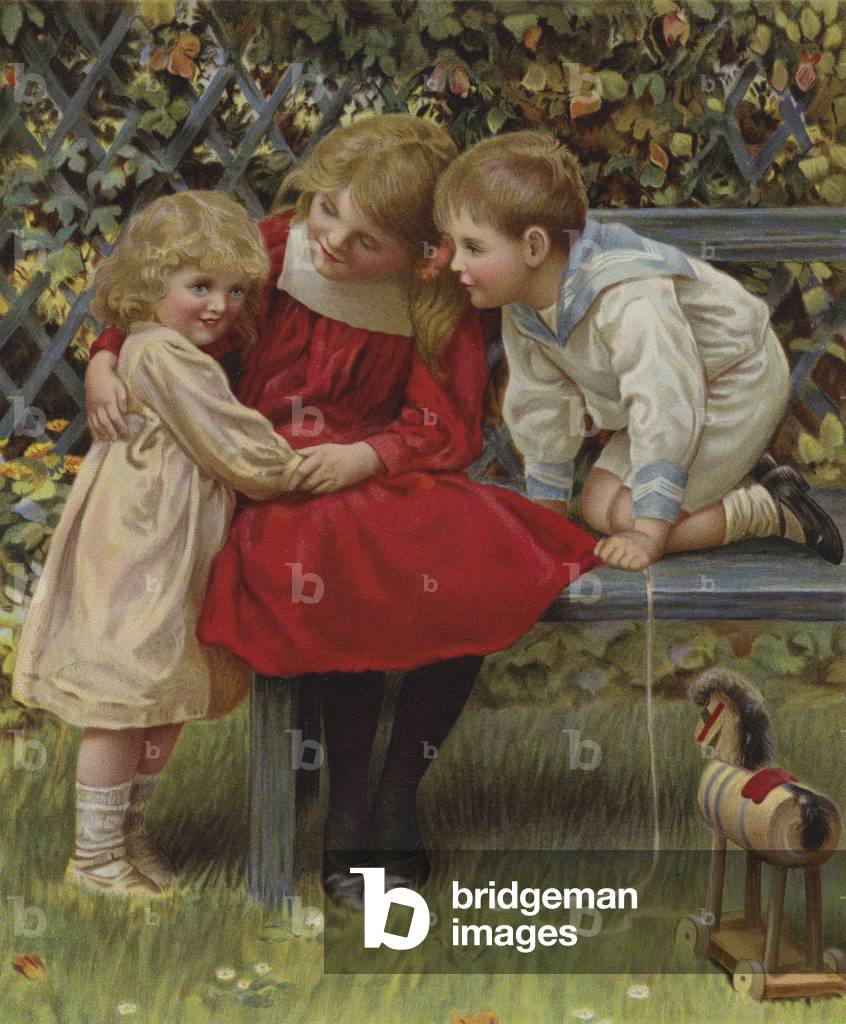 "„Do tell!“: Drei kleine Kinder teilen sich ein Geheimnis (Farbe litho)" von English School