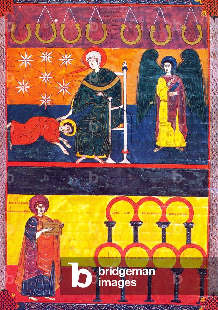 Spanien: Christus neigt sich zu Johannes. John schickt das Buch an die sieben Kirchen Asiens. Aus dem Beatus v