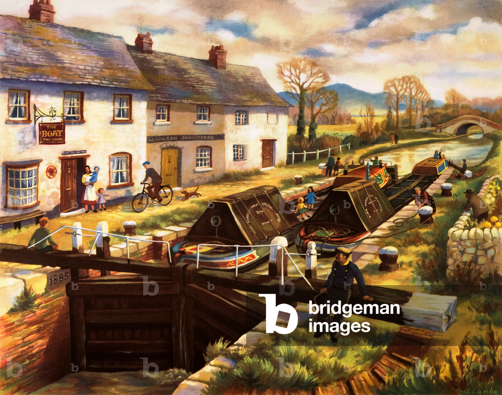 Chiatte del canale in una chiusa (litografia a colori)