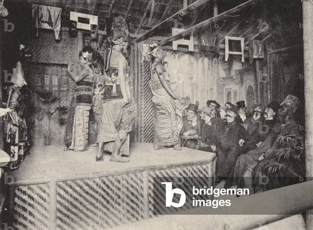 Kampong or Southeast Asian village depicted at the Exposition Universelle, Paris, France, 1889 (b/w photo)