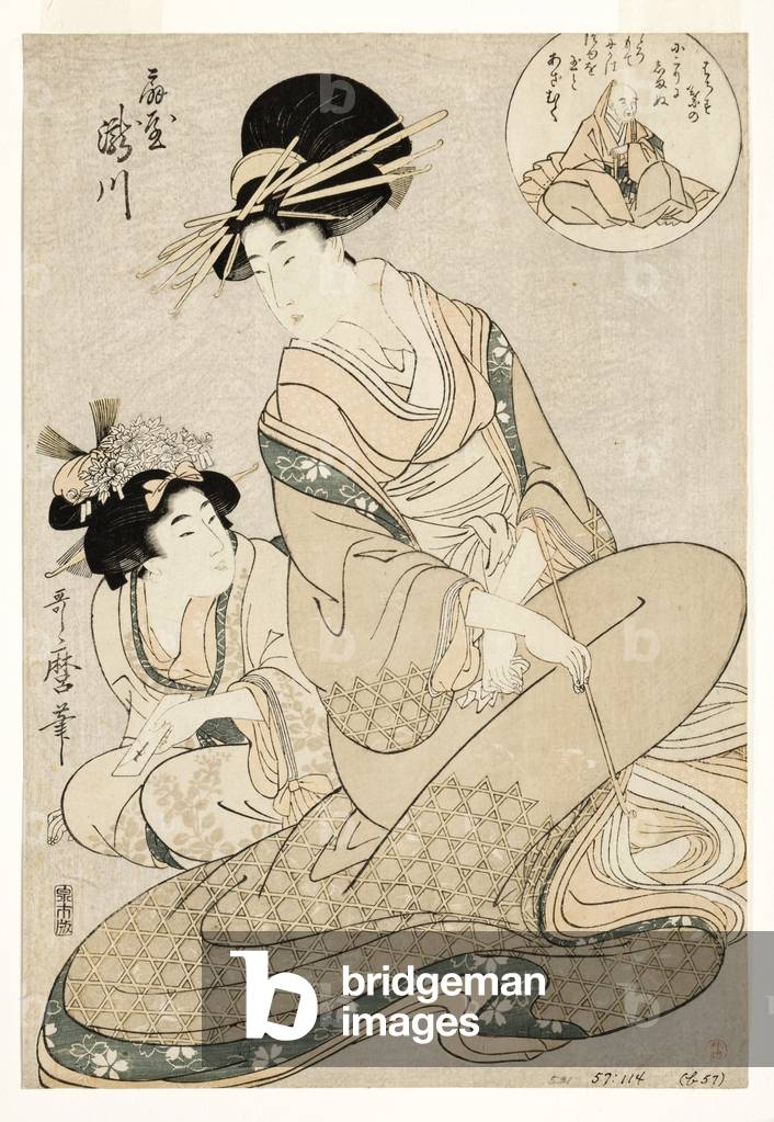 "Die Kurtisane Takigawa und ihre Begleiterin aus der Ogiya in Anspielung auf den Dichter", 1800-02 von Utamaro