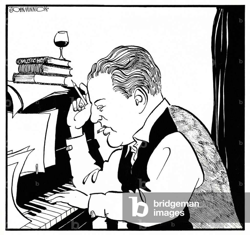 Constant Lambert - caricatura del compositore inglese seduto al pianoforte, fumando