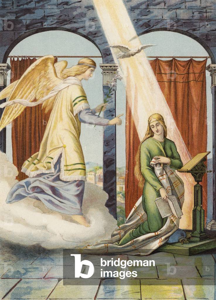 Image of Print depicting The Annunciation (colour litho) 1801 by Julius Schnorr von Carolsfeld
