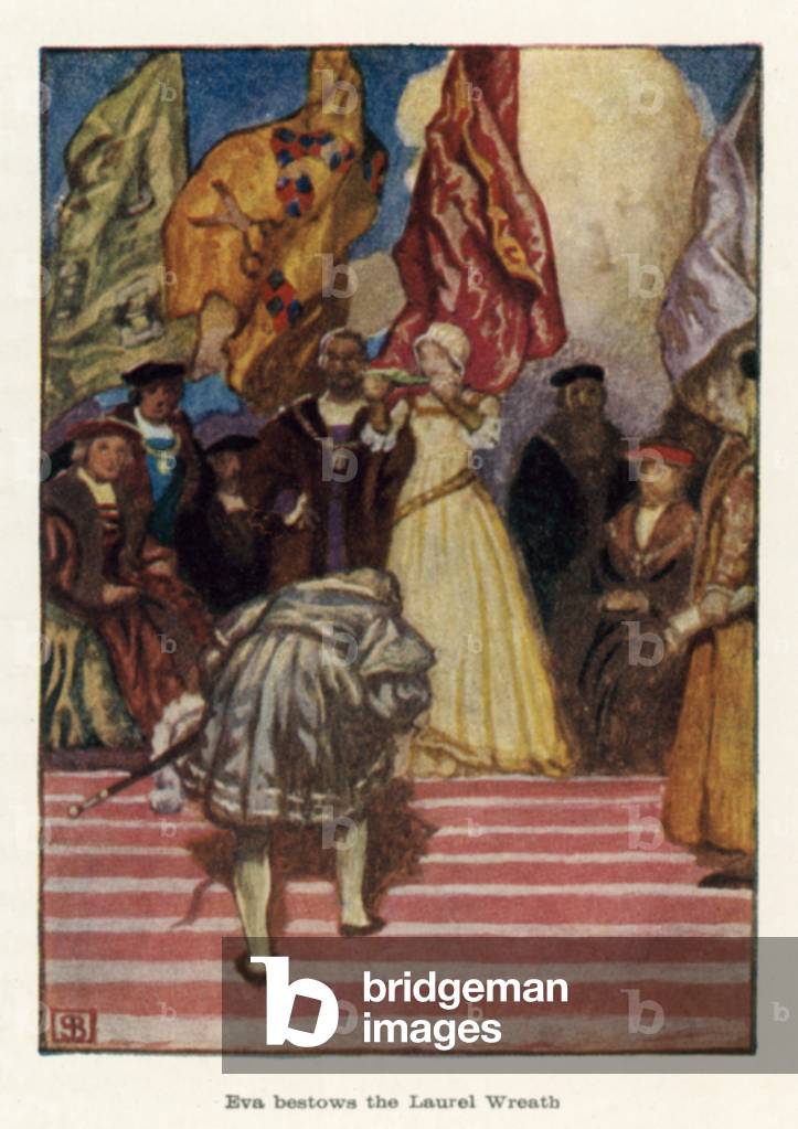 Eva bestows the Laurel Wreath (colour litho) by John Byam Liston Shaw