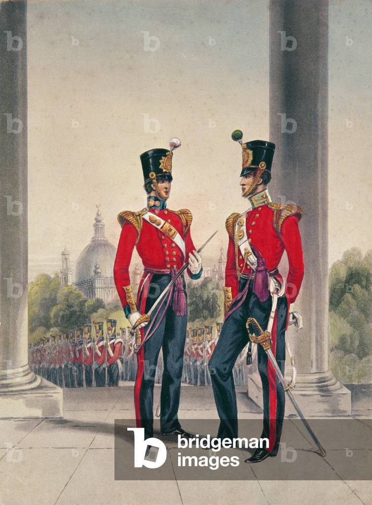 Ufficiali britannici in India (incisione a colori)