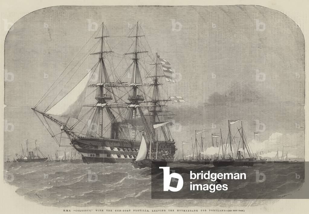 HMS «Colosso», con la Gun-Boat Flottilla, lasciando la Banca Madre per Portland (incisione)