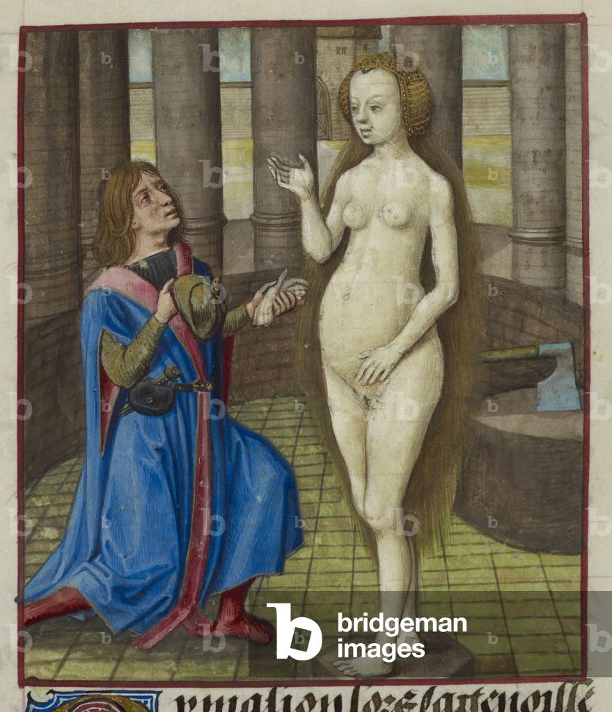 Pygmalion auf den Knien, der die Statue um Vergebung bittet, aus 'Le Roman de la Rose', 15. Jahrhundert (Minia