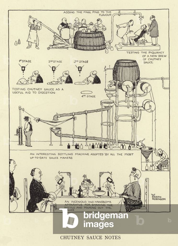 Image of Print depicting Chutney sauce notes (litho) by William Heath Robinson, b/w