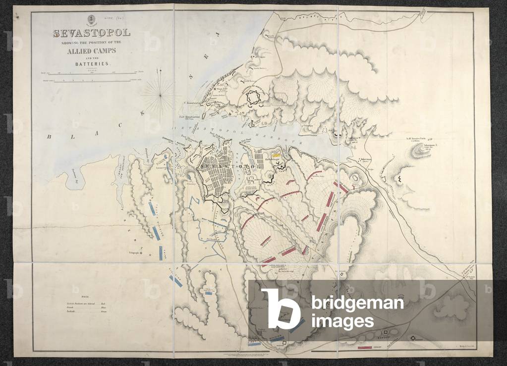 "Mappa militare/piano di Sebastopoli durante la guerra di Crimea. 900 x 655 mm.; Scala... 3.000 iarde [= 125 m