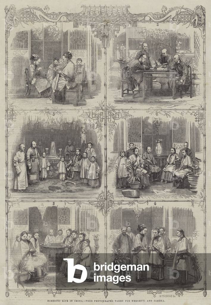 "Vita domestica in Cina (incisione)" 1861 di English School, b/w