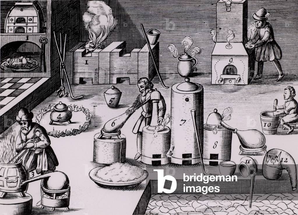 Image of Engraving depicting Assay laboratory with various forms of furnace 1501