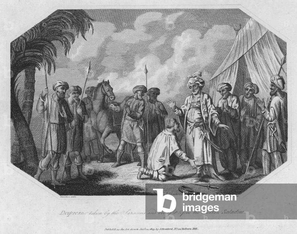 Despreaux preso dai Saraceni e portato davanti al Sultano Saladine (incisione)