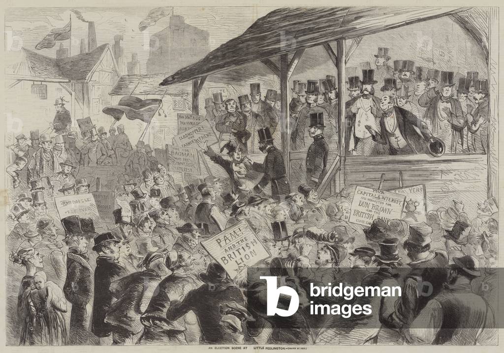 "una scena elettorale a poco pedlington (incisione)" di Hablot Knight Browne, b/w