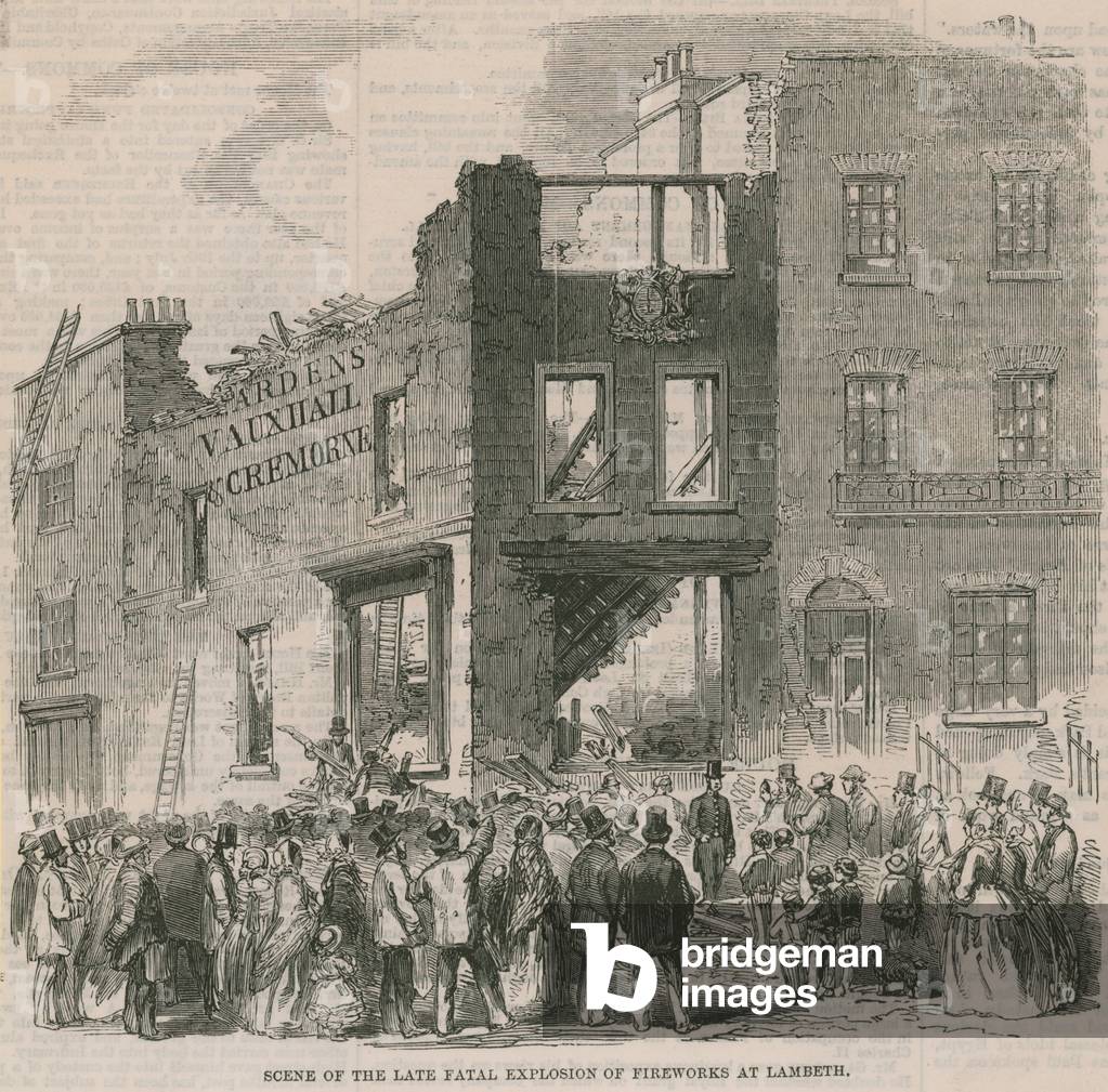 Scene of the late fatal explosion of fireworks at Lambeth (engraving)