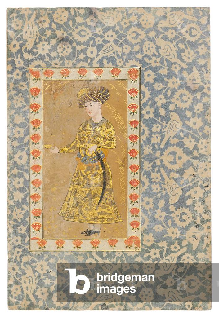 Un Gioventù in possesso di una Coppa di Vino, Safavid Isfahan (pigmenti opachi accentuati con oro su carta)