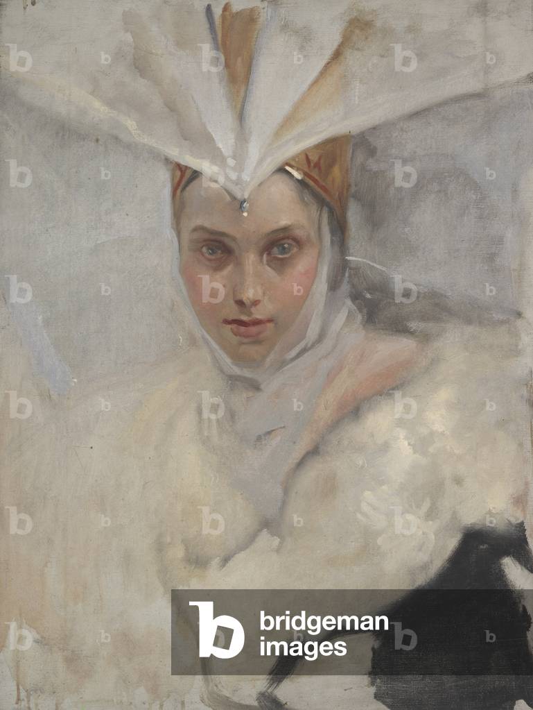 Immagine di Dipinto "Donna con copricapo e colletto di pelliccia bianca" 1897 di Edwin Austin Abbey