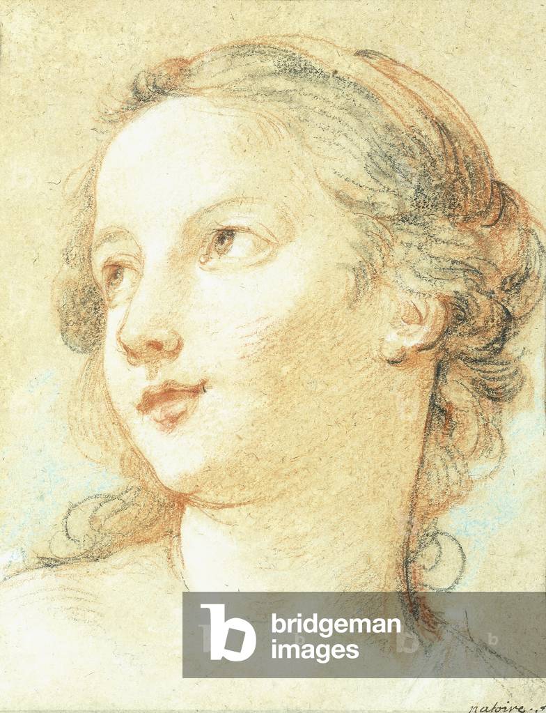 la testa di una ragazza guardando a sinistra, (gesso bianca e blu su carta marrone chiaro)