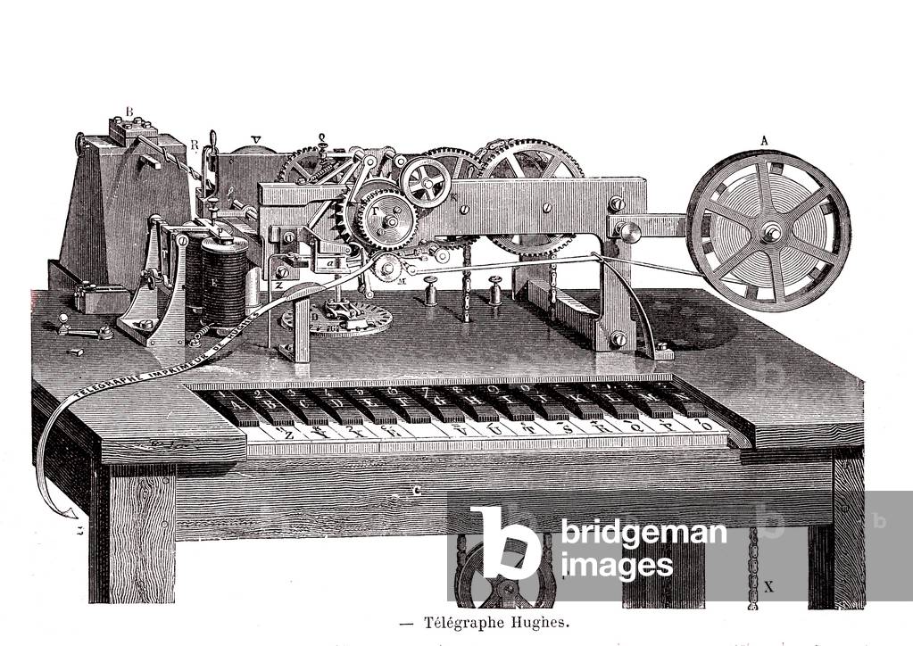 Elektrischer Telegraph von David Edward Hughes, 1878 (Kupferstich)