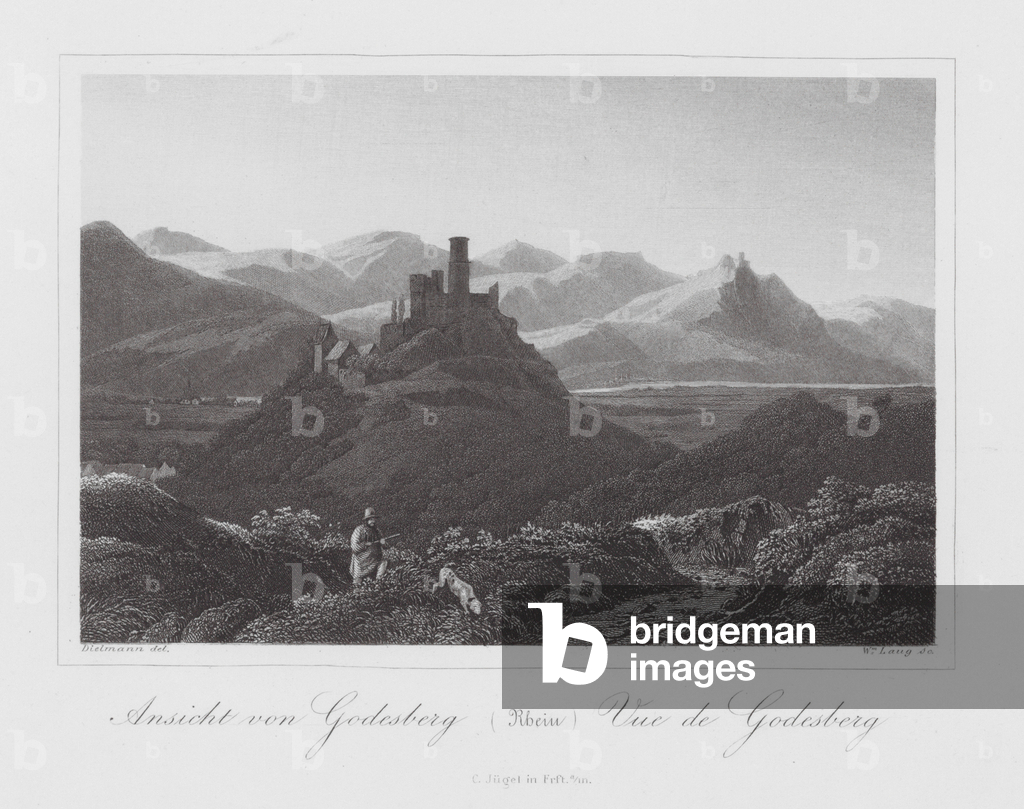 Immagine di Incisione "Rein / Rhin / Reno: Ansicht von Godesberg; Vue de Godesberg (incisione)" 1801 di Europe